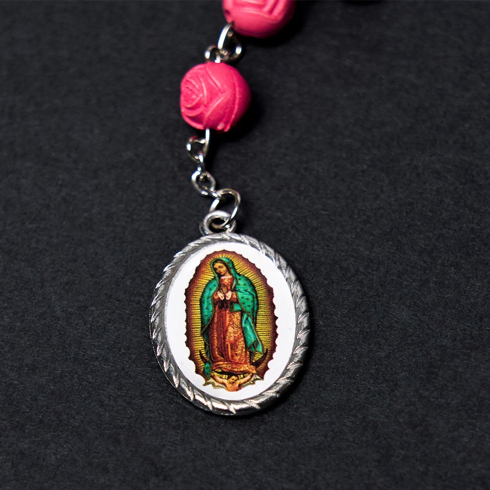 Our Lady of Guadalupe & Crucifix of 8 mm Rose Multicolor Resin Alloy Chain Rosary