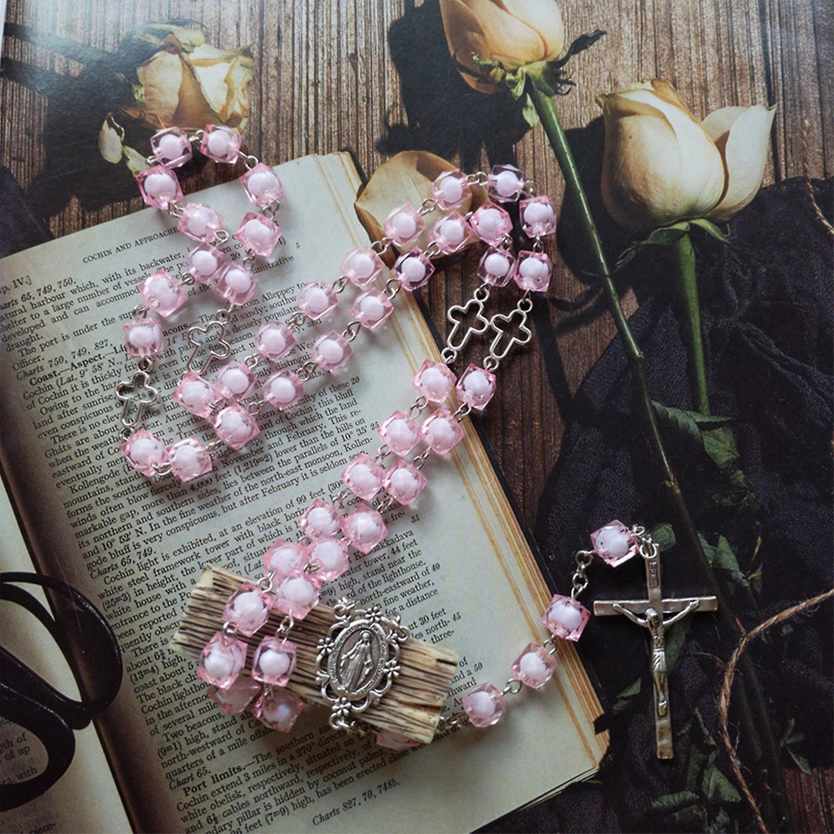 Miraculous Medal & Crucifix of 8 mm Square Pink Acrylic Alloy Chain Rosary