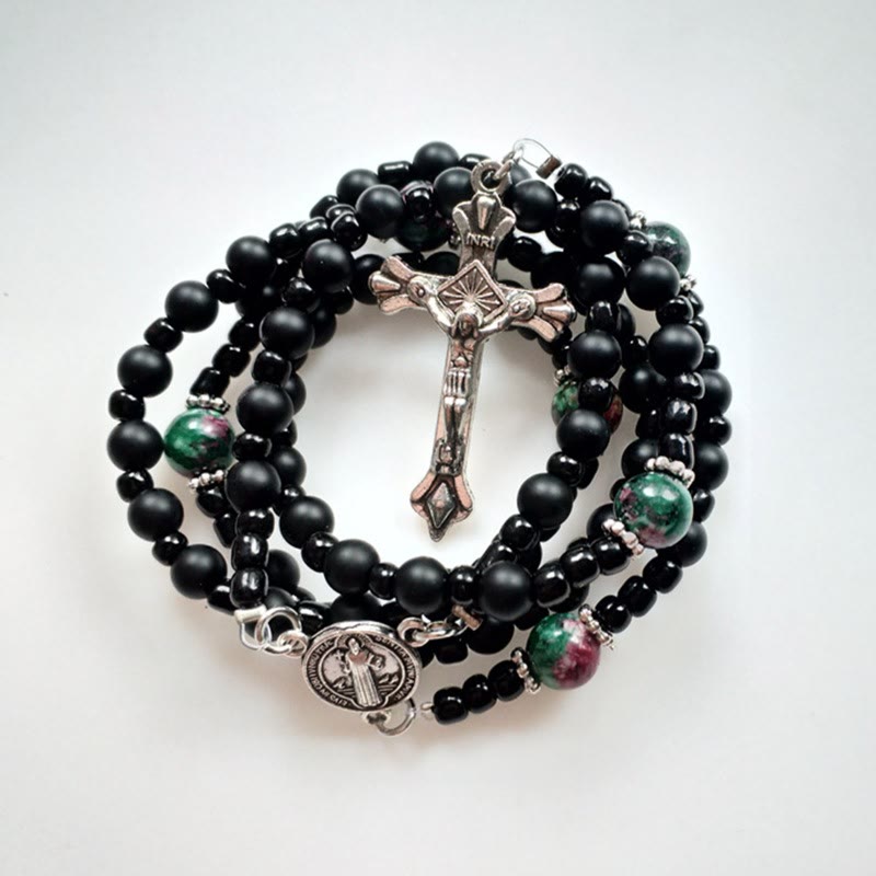 St. Benedict Medal & Crucifix of 8 mm Round Black Multi-material Nylon Cord Rosary