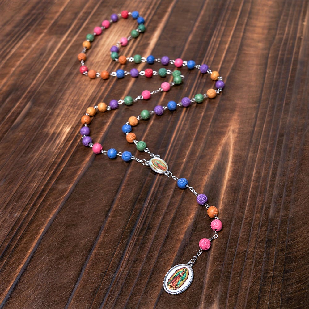 Our Lady of Guadalupe & Crucifix of 8 mm Rose Multicolor Resin Alloy Chain Rosary