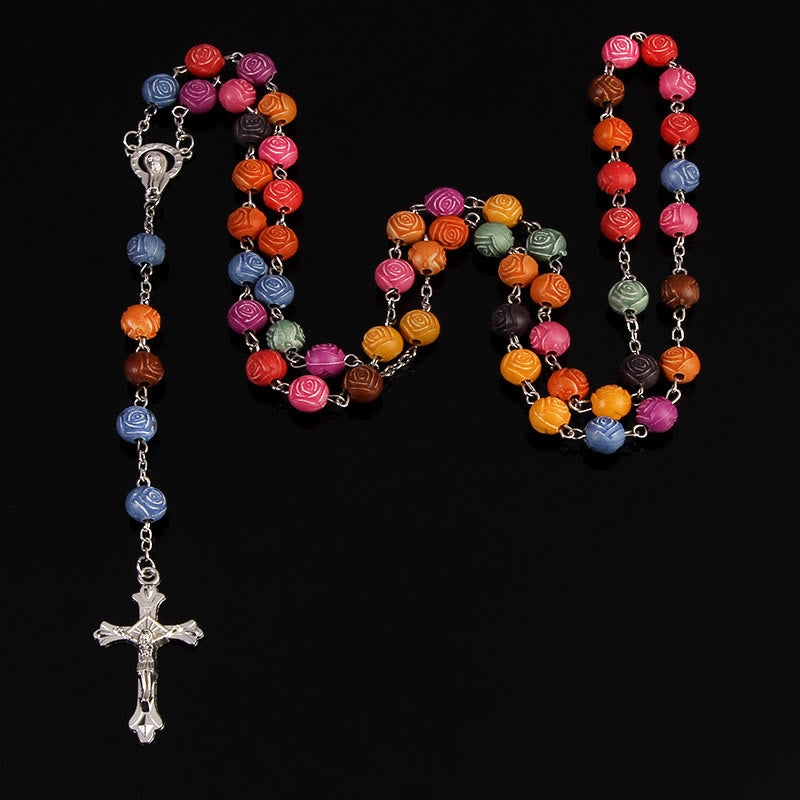 Our Lady of Guadalupe & Crucifix of 8 mm Rose Multicolor Resin Alloy Chain Rosary