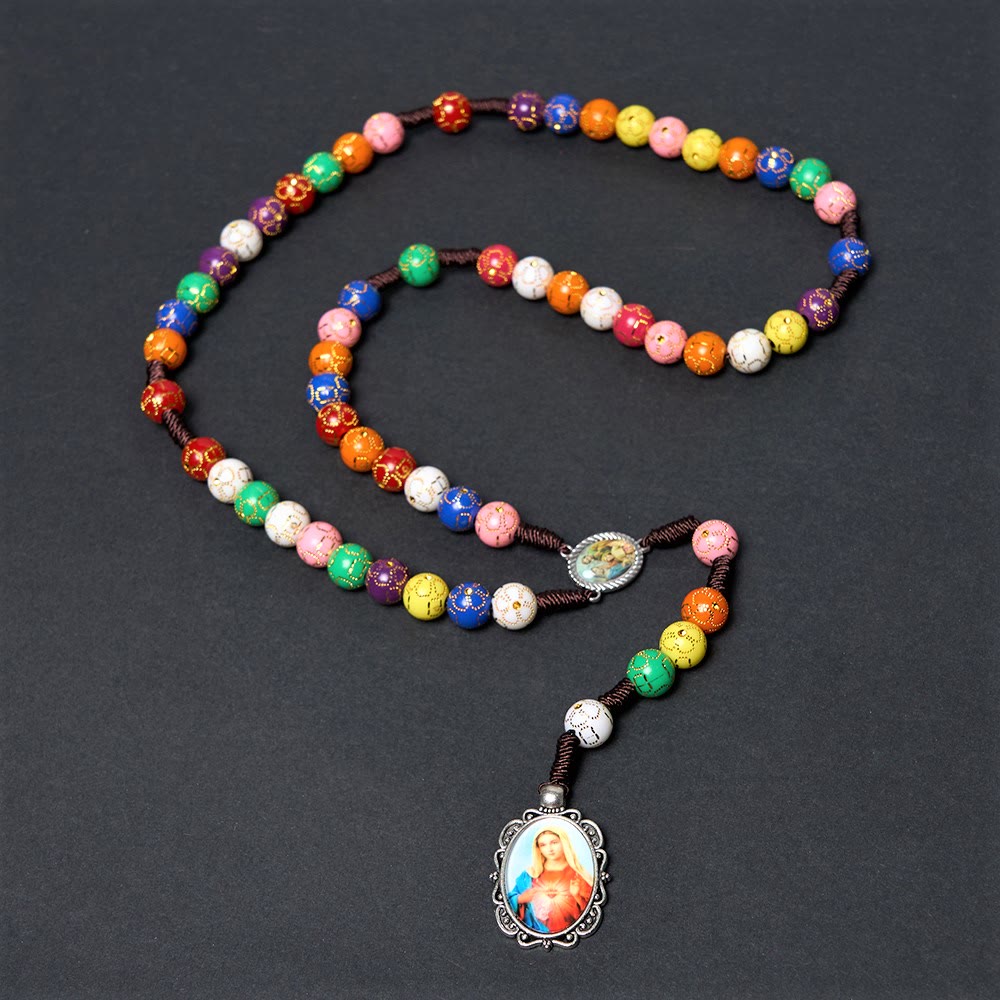 Our Lady of Mercy & Crucifix of 8 mm Round Multicolor Acrylic Nylon Cord Rosary
