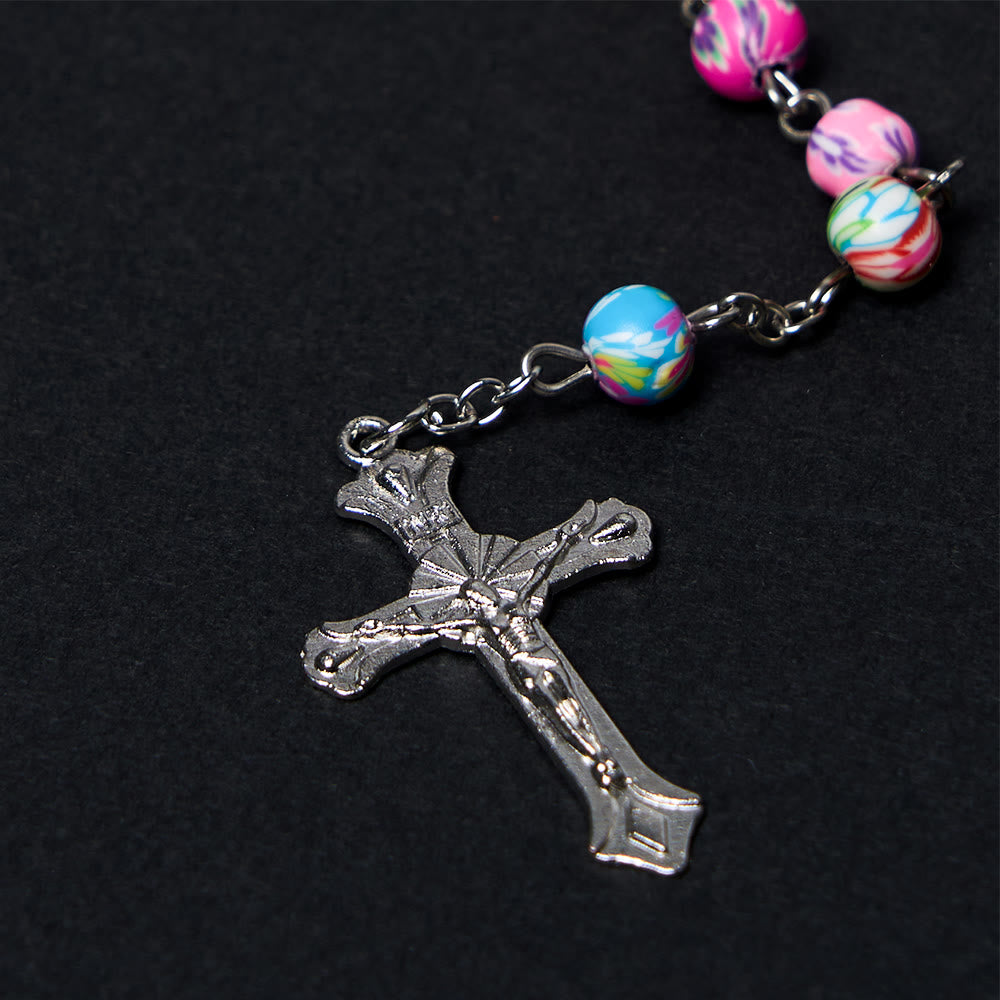 Our Lady of Guadalupe & Crucifix of 6 mm Round Multicolor Polymer Clay Alloy Chain Rosary