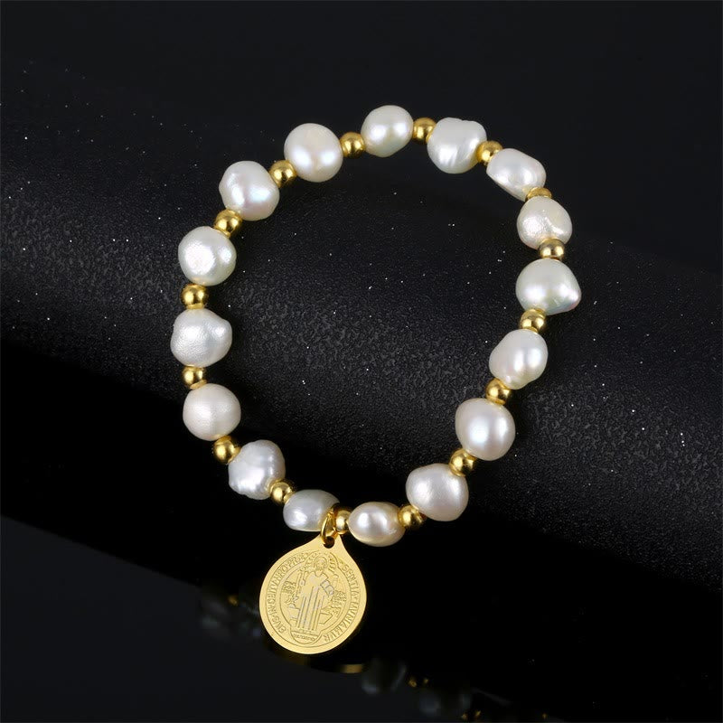 Saint Benedict Medal Irregular Pearl Bracelet