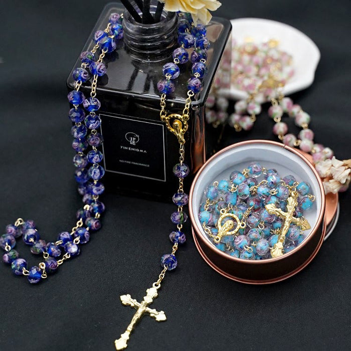 Flower Rose Glazed Beads Rosary with Mary & Crucifix