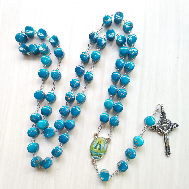 Our Lady of Guadalupe & Crucifix of 10 mm Polyhedron Peacock Blue Acrylic Alloy Chain Rosary