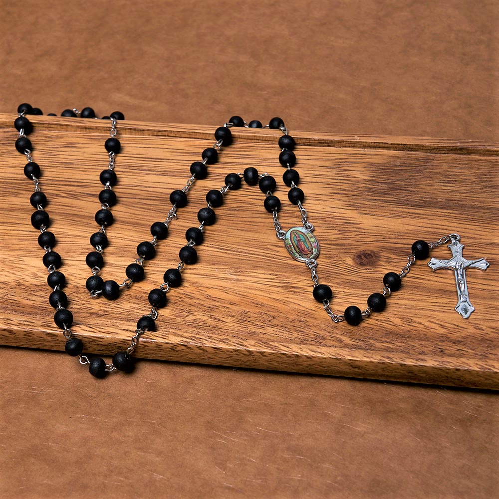 Our Lady of Guadalupe & Crucifix of 6 mm Round Multicolor Wood Alloy Chain Rosary