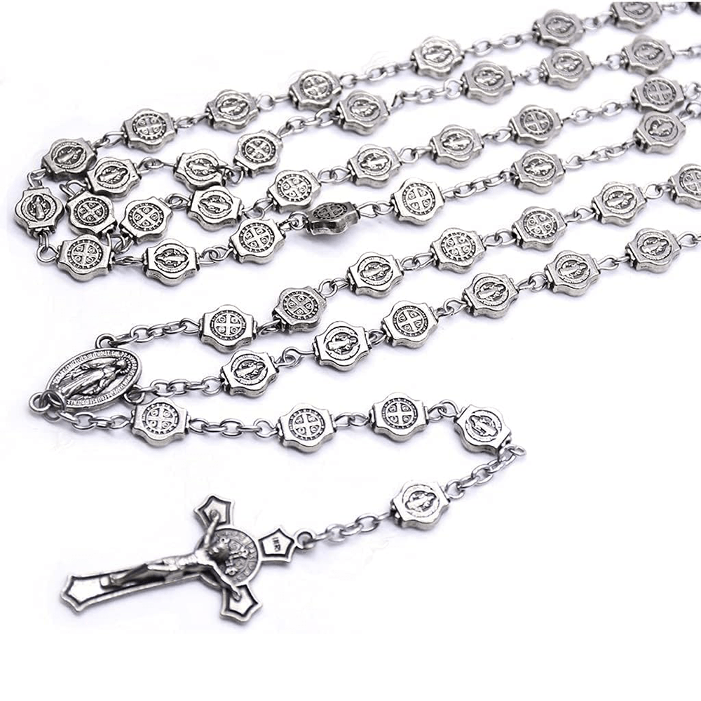 St. Benedict Medal & Crucifix of 8 mm Polyhedron Silver Metal Alloy Chain Rosary