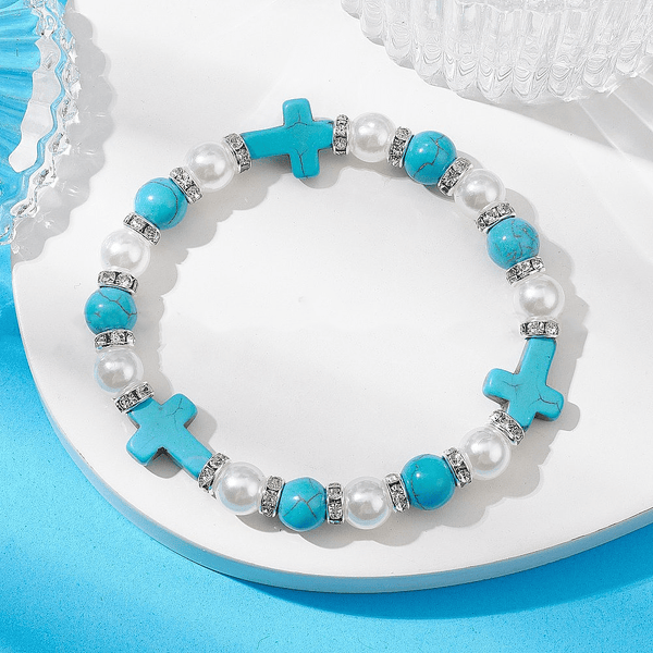 Pearl & Turquoise Cross Healing Energy Bracelet