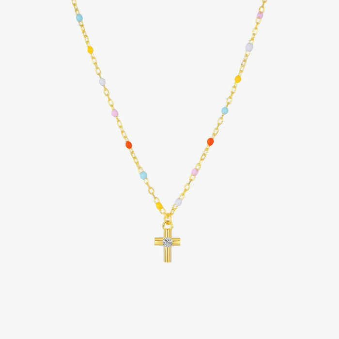 Rainbow Bead Cross Necklace