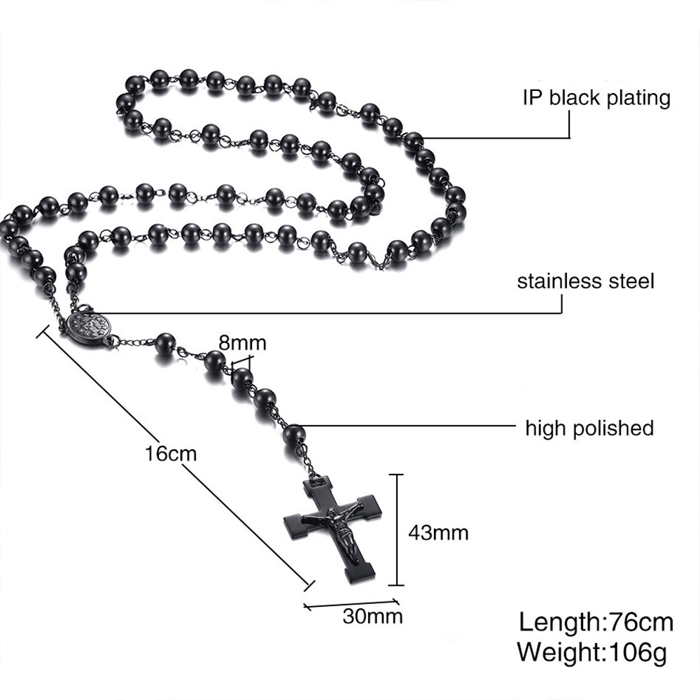 Our Lady of Grace & Crucifix of 8 mm Round Black Steel Ball Alloy Chain Rosary