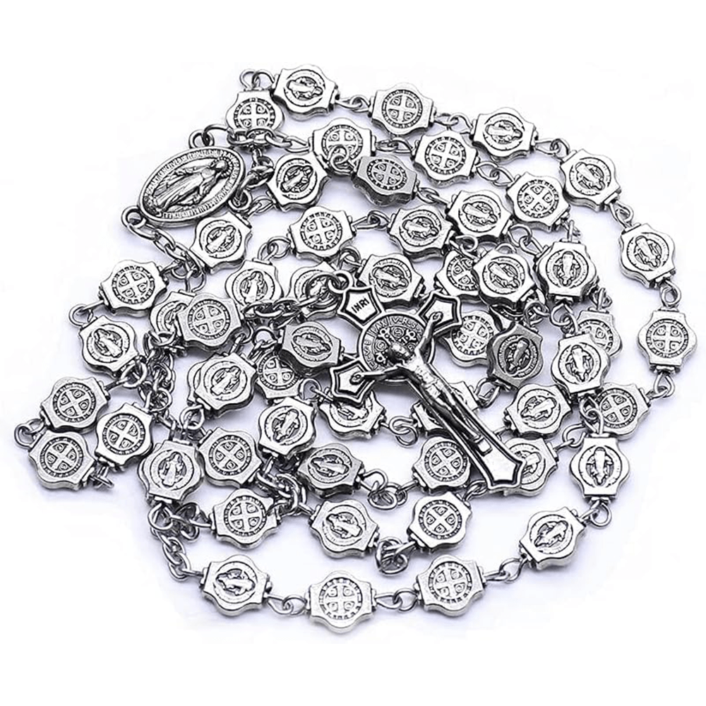 St. Benedict Medal & Crucifix of 8 mm Polyhedron Silver Metal Alloy Chain Rosary