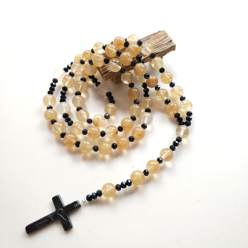 Crucifix 8 mm Round Gold Gem Nylon Cord Rosary