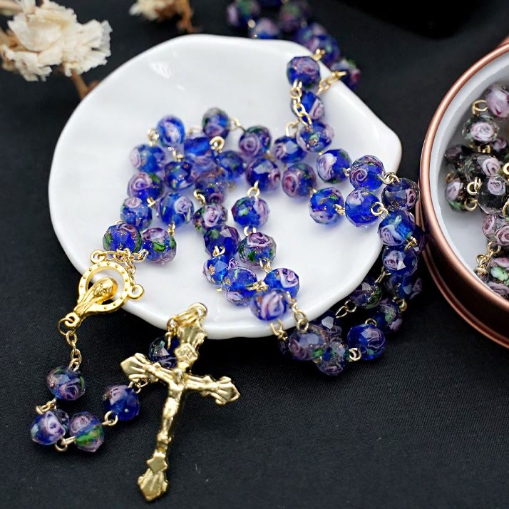 Flower Rose Glazed Beads Rosary with Mary & Crucifix