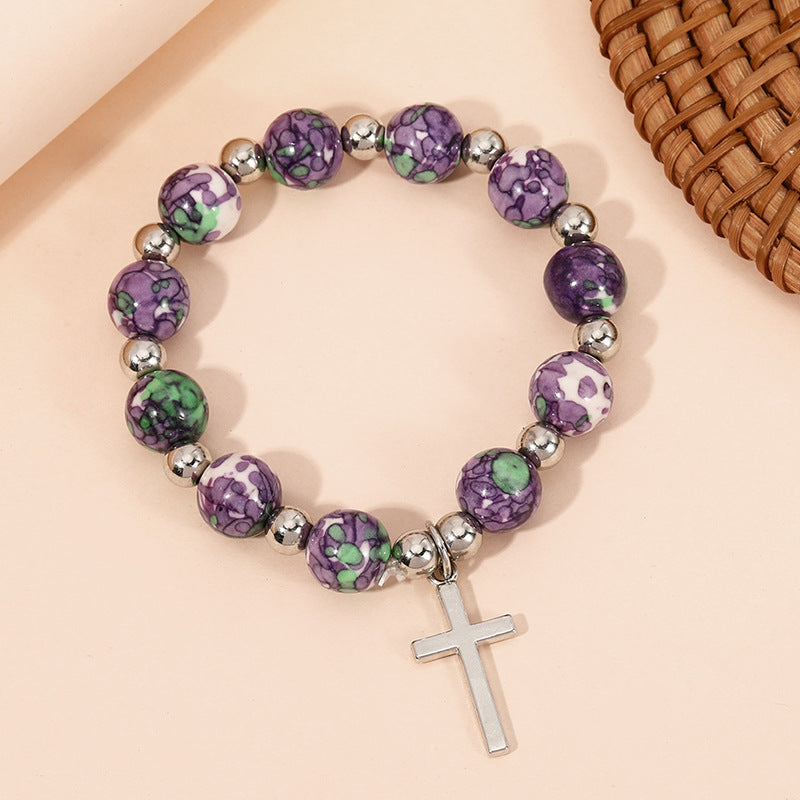 Crucifix Prayer Beaded Purple Stones Bracelet