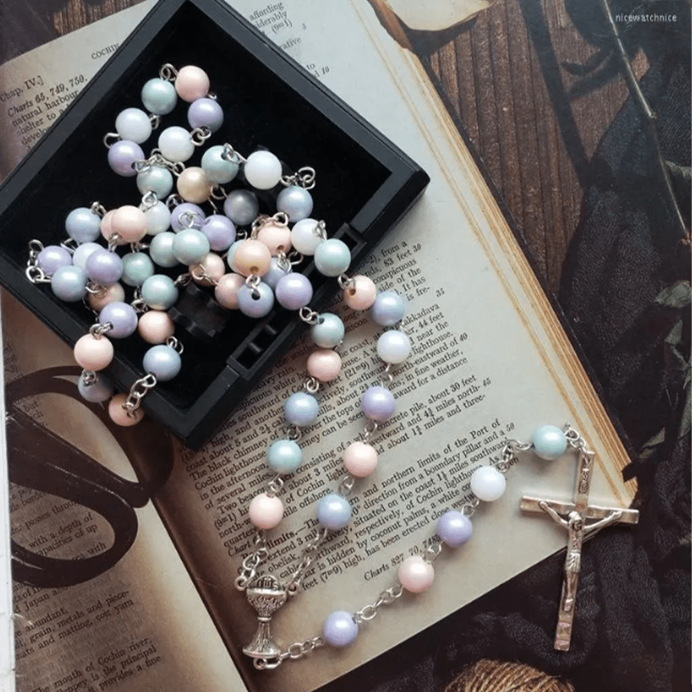 Holy Grail & Crucifix of 8 mm Round Multicolor Acrylic Alloy Chain Rosary