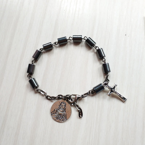 Jesus Sacred Heart & Crucifix Hematite Simplicity Bracelet