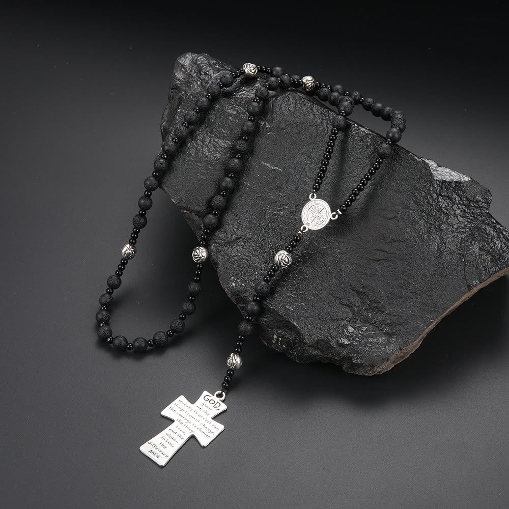 St. Benedict Medal & Cross of 8 mm Round Black Volcanic Stone Nylon Cord Rosary