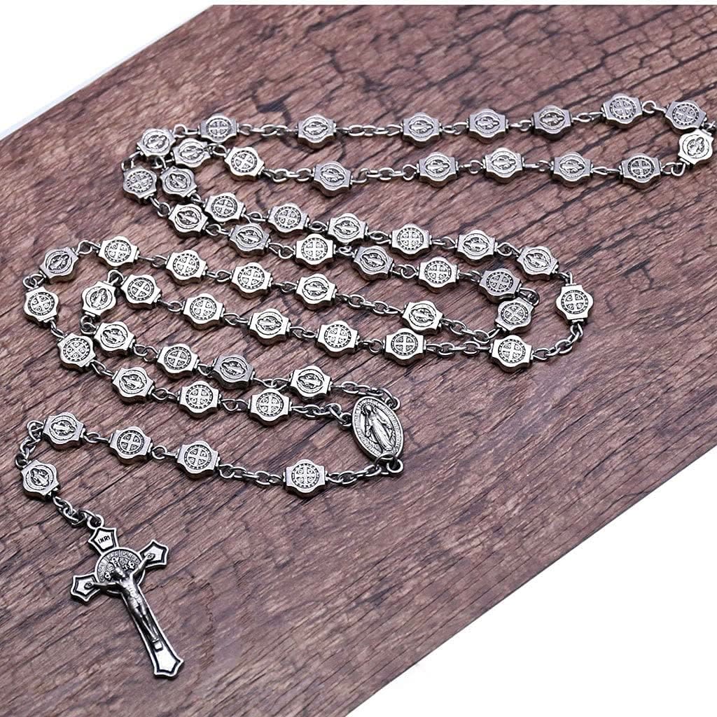 St. Benedict Medal & Crucifix of 8 mm Polyhedron Silver Metal Alloy Chain Rosary