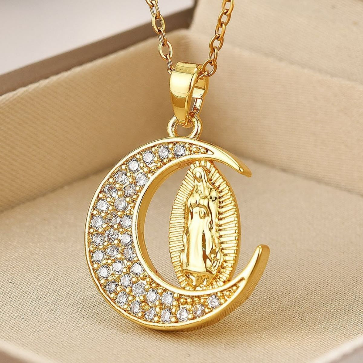 the Crescent Moon Our Lady of Guadalupe Maria Golden Necklace