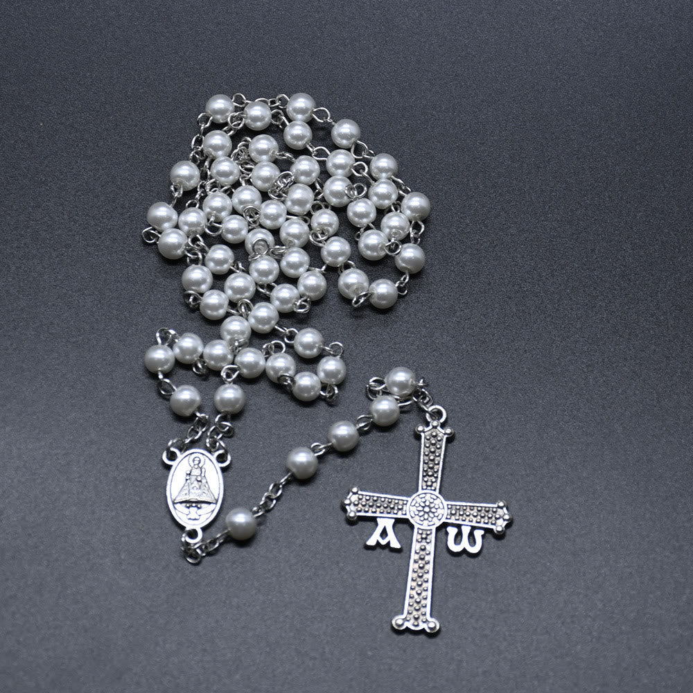 San Juan del Valle Medal & Cross of 6 mm Round White Glass Alloy Chain Rosary