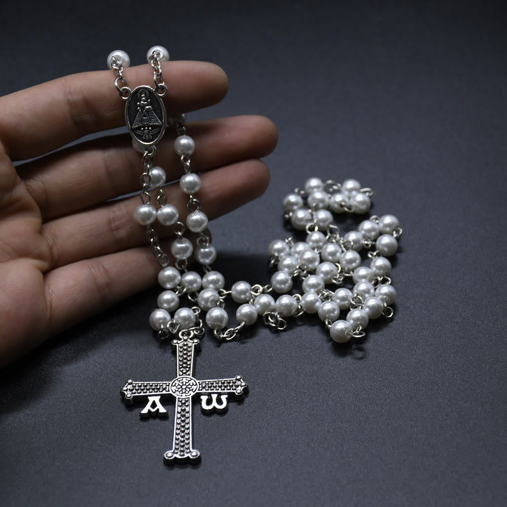 San Juan del Valle Medal & Cross of 6 mm Round White Glass Alloy Chain Rosary