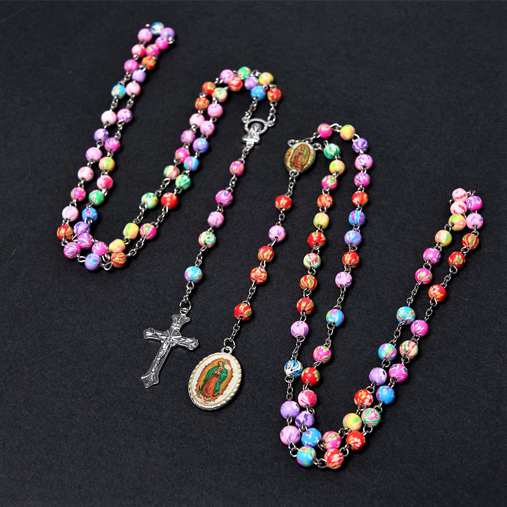 Our Lady of Guadalupe & Crucifix of 6 mm Round Multicolor Polymer Clay Alloy Chain Rosary