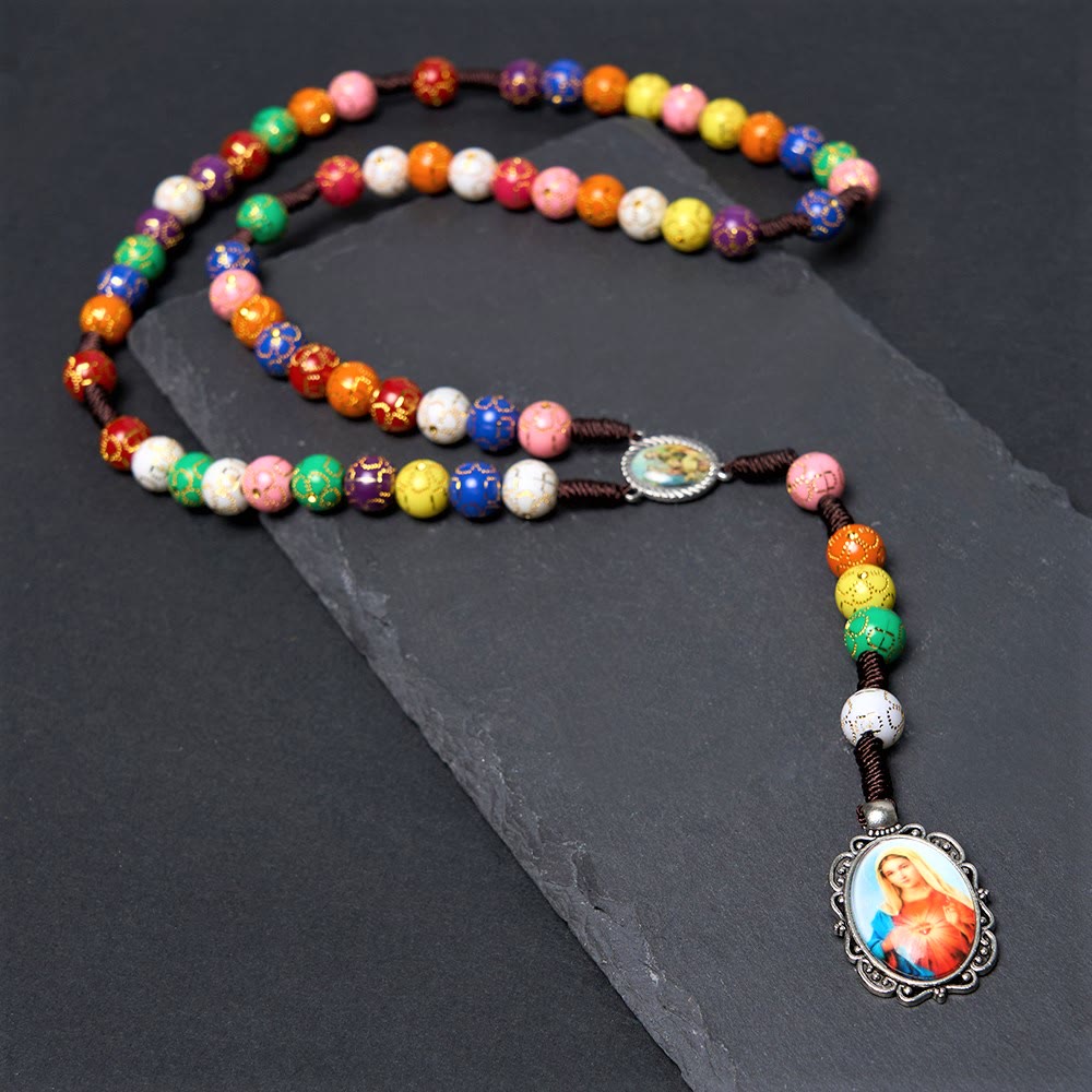 Our Lady of Mercy & Crucifix of 8 mm Round Multicolor Acrylic Nylon Cord Rosary