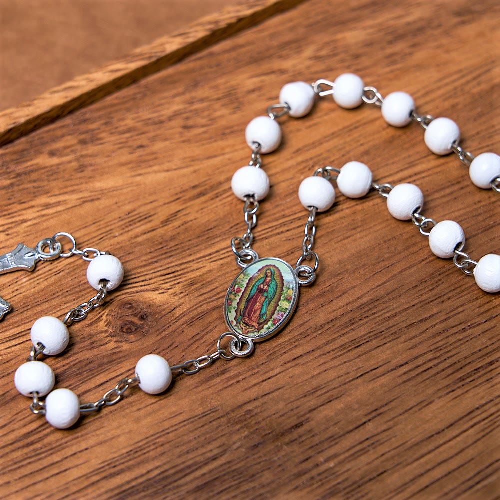 Our Lady of Guadalupe & Crucifix of 6 mm Round Multicolor Wood Alloy Chain Rosary