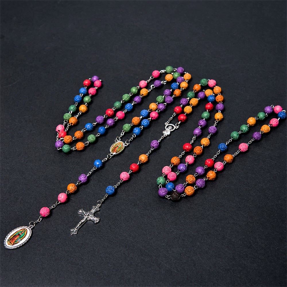 Our Lady of Guadalupe & Crucifix of 8 mm Rose Multicolor Resin Alloy Chain Rosary