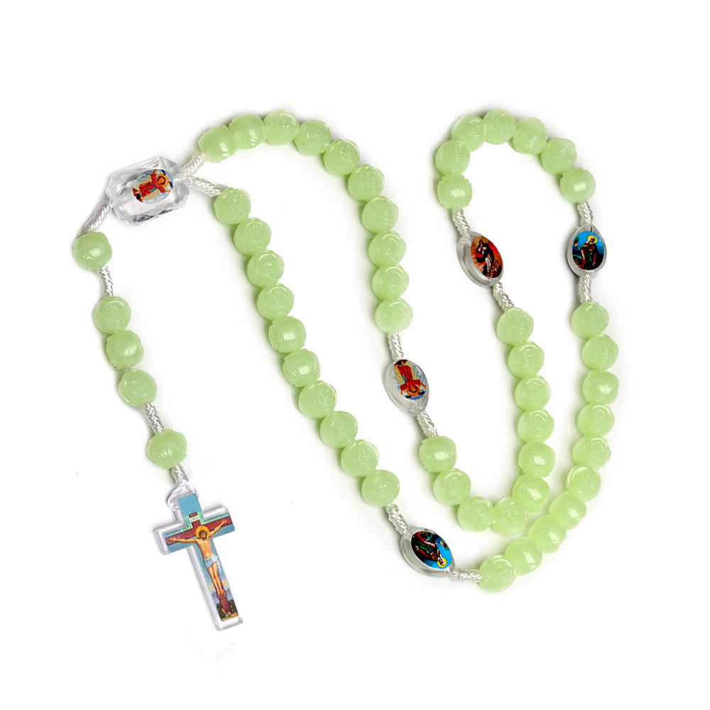 Crucifix of 10 mm Rose Luminous Green Resin Nylon Cord Rosary