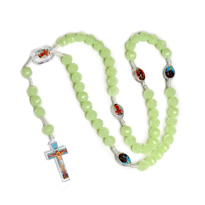 Crucifix of 10 mm Rose Luminous Green Resin Nylon Cord Rosary