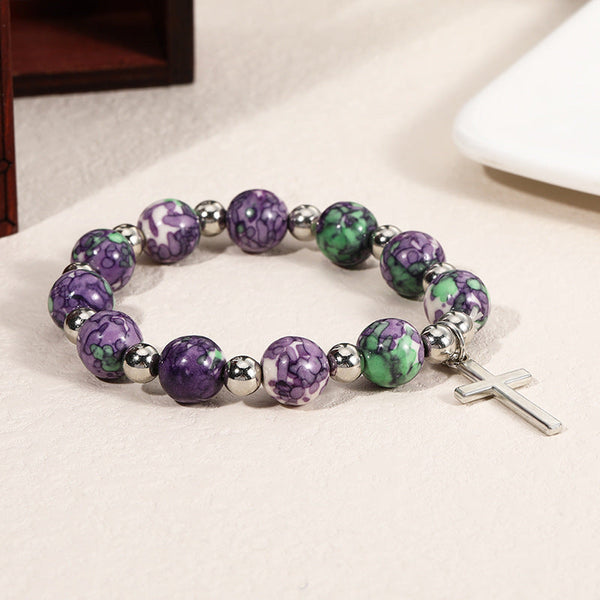 Crucifix Prayer Beaded Purple Stones Bracelet