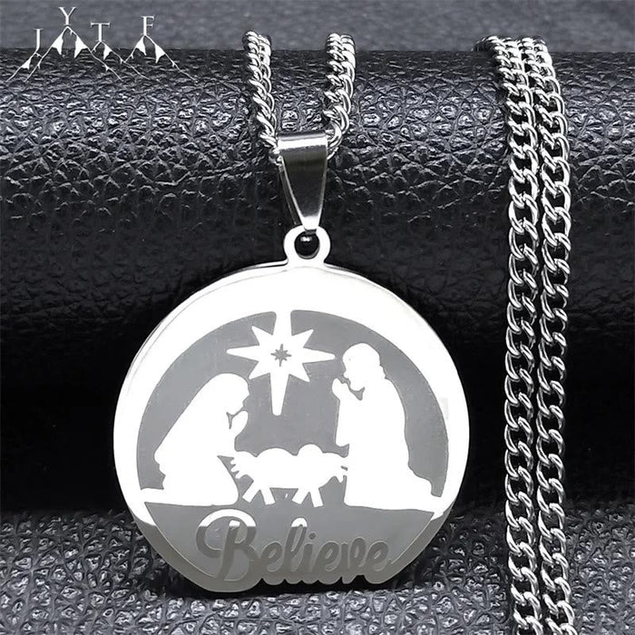Silver Nativity Believe Christmas Gift Necklace