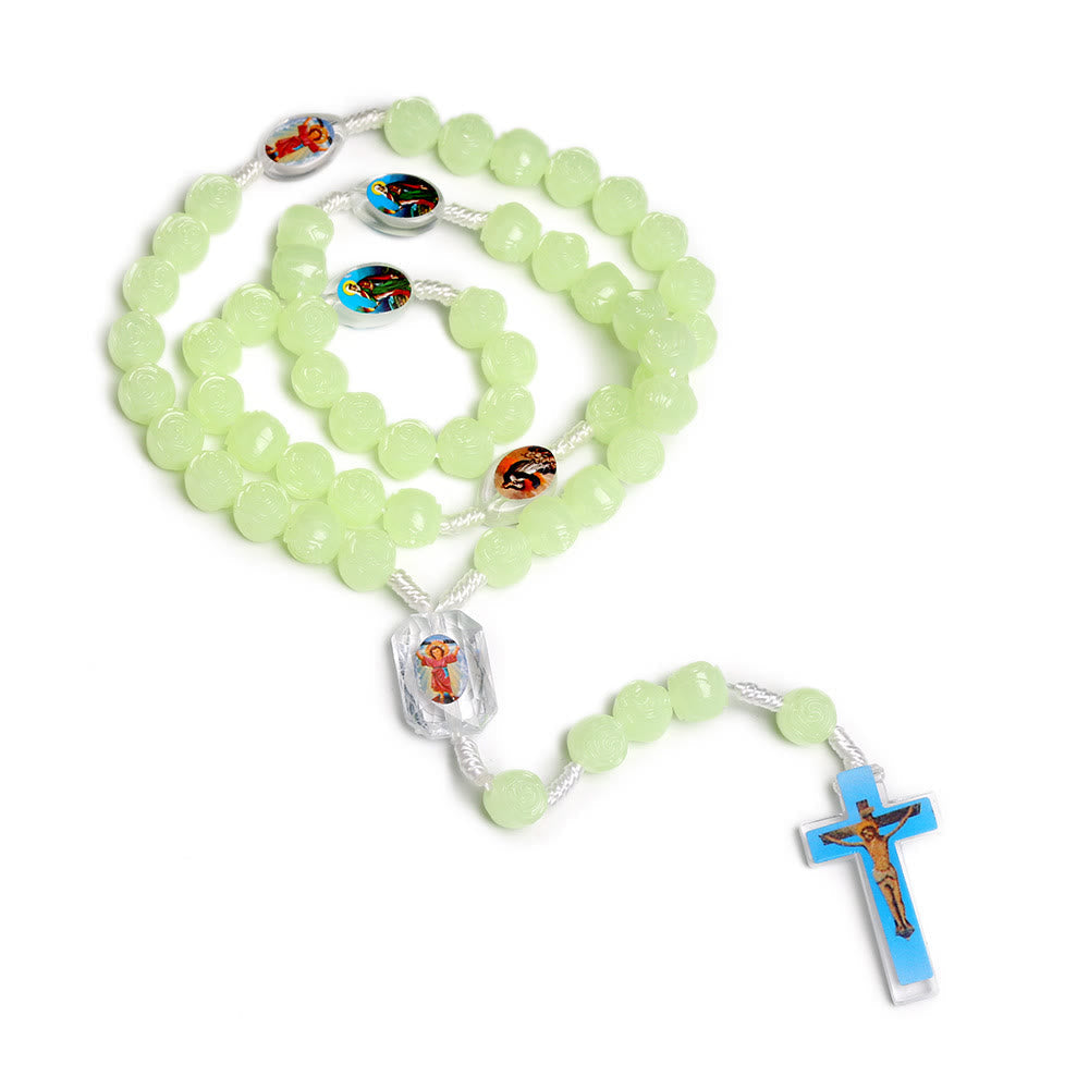 Crucifix of 10 mm Rose Luminous Green Resin Nylon Cord Rosary