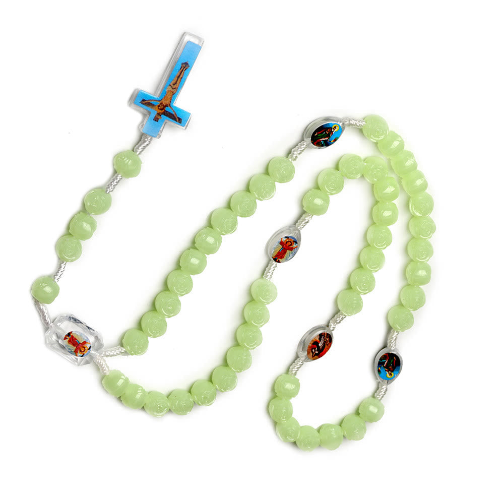 Crucifix of 10 mm Rose Luminous Green Resin Nylon Cord Rosary