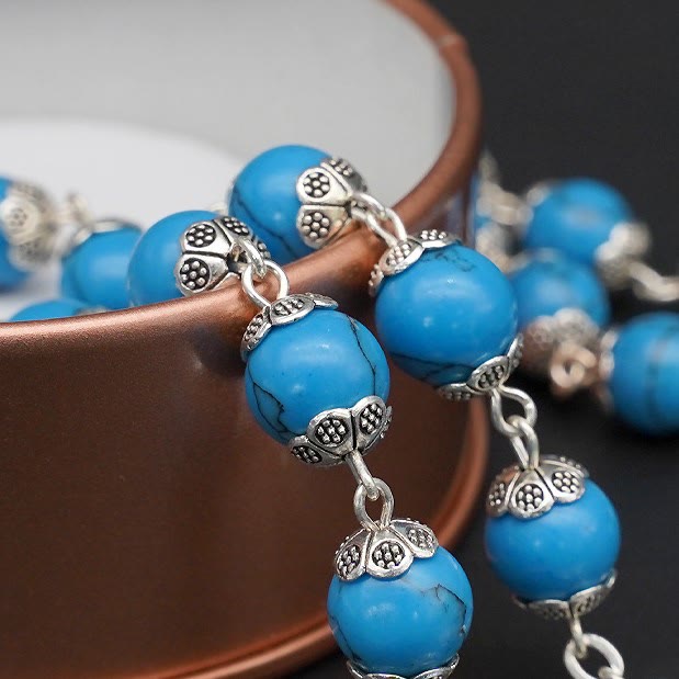 Blue Turquoise Christ Prayer Rosary with Mary & Baby Jesus Medal