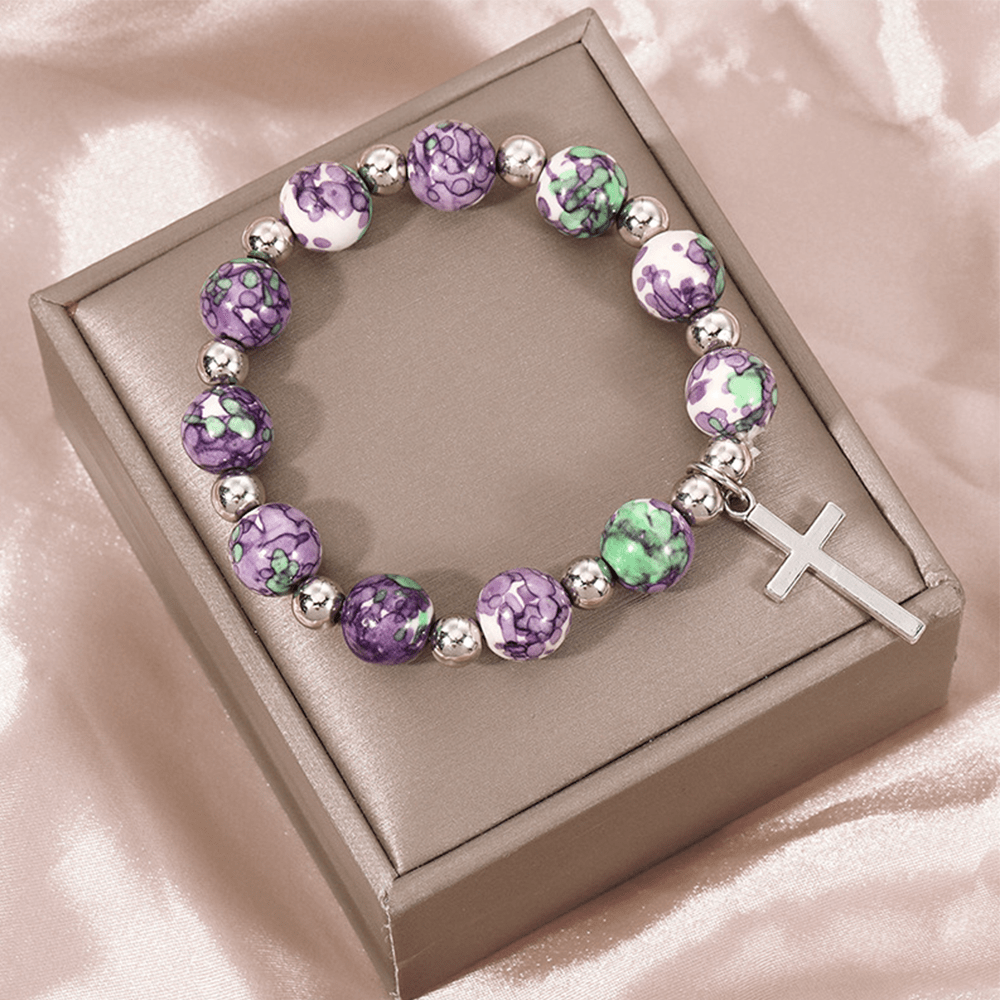Crucifix Prayer Beaded Purple Stones Bracelet