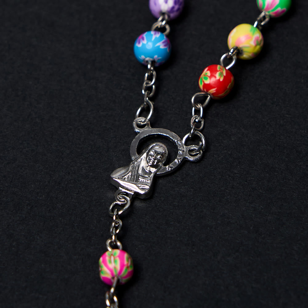 Our Lady of Guadalupe & Crucifix of 6 mm Round Multicolor Polymer Clay Alloy Chain Rosary