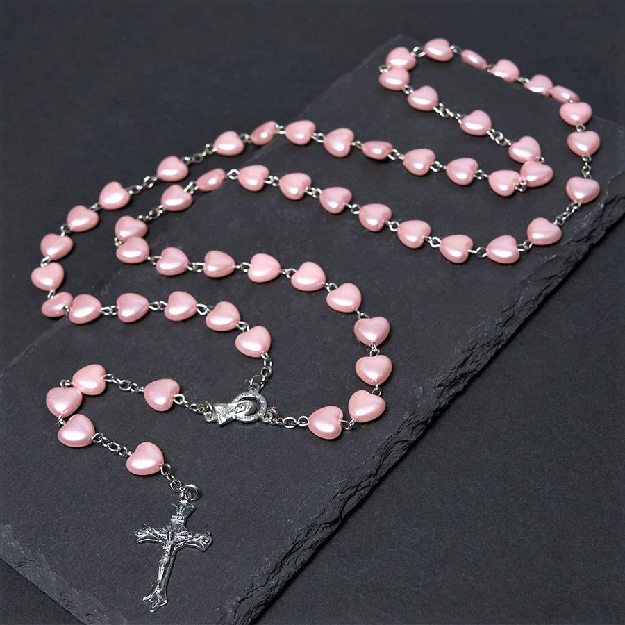Our Lady of Fátima & Crucifix of 10 mm Heart Pink Acrylic Alloy Chain Rosary