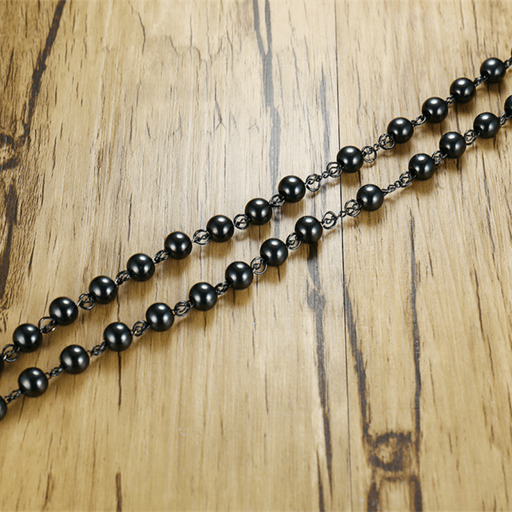 Our Lady of Grace & Crucifix of 8 mm Round Black Steel Ball Alloy Chain Rosary