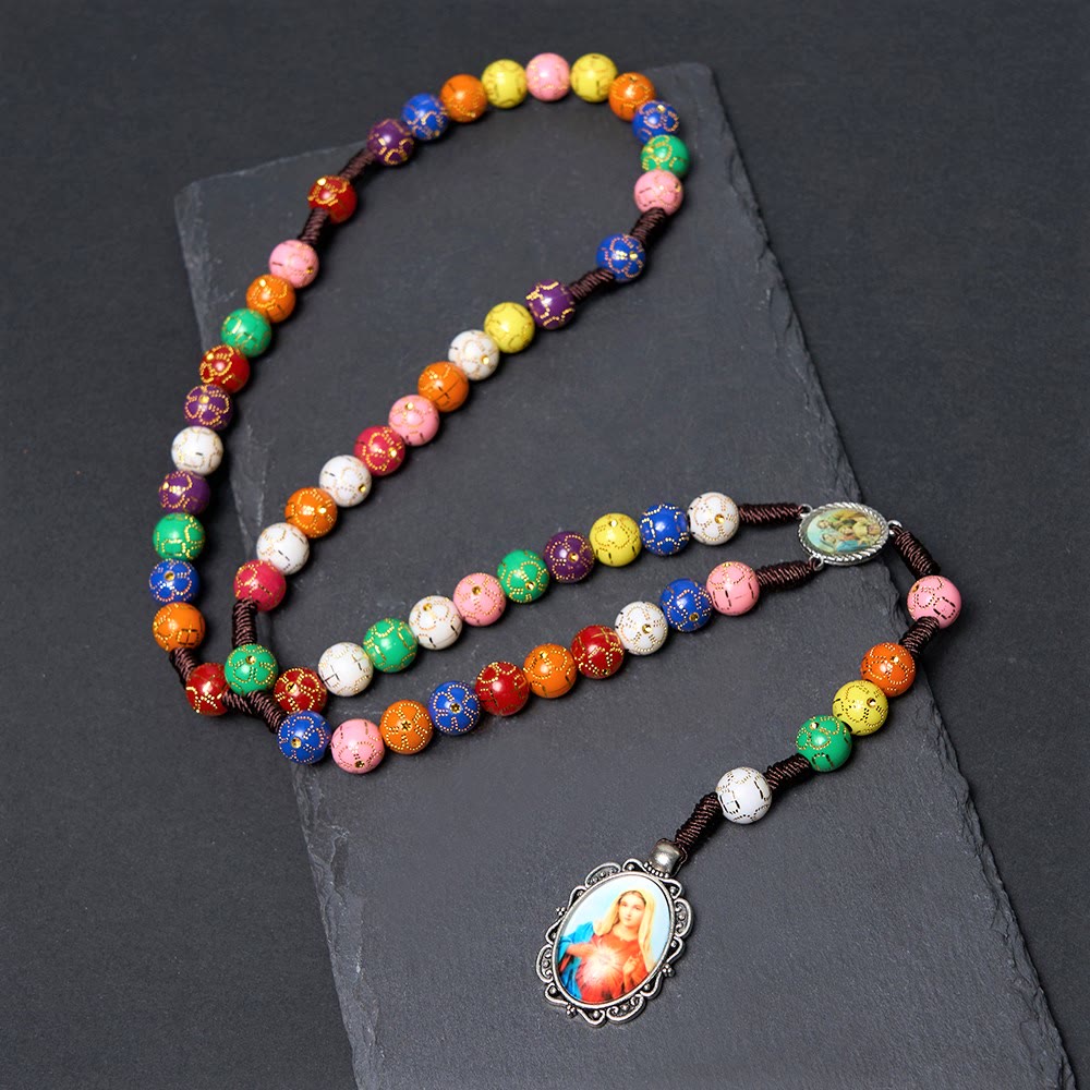 Our Lady of Mercy & Crucifix of 8 mm Round Multicolor Acrylic Nylon Cord Rosary