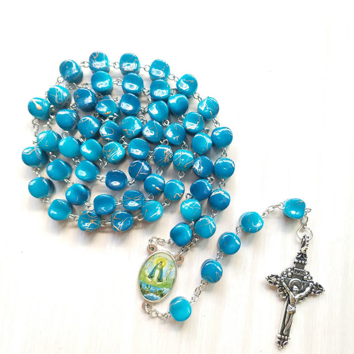 Our Lady of Guadalupe & Crucifix of 10 mm Polyhedron Peacock Blue Acrylic Alloy Chain Rosary