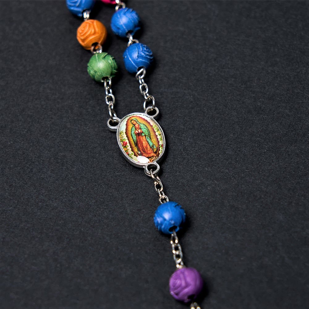 Our Lady of Guadalupe & Crucifix of 8 mm Rose Multicolor Resin Alloy Chain Rosary