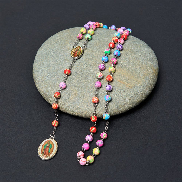 Our Lady of Guadalupe & Crucifix of 6 mm Round Multicolor Polymer Clay Alloy Chain Rosary