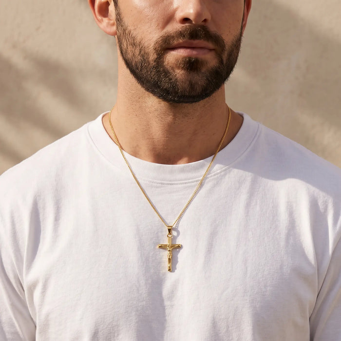 Crucifix Necklace — HeavySaint men model