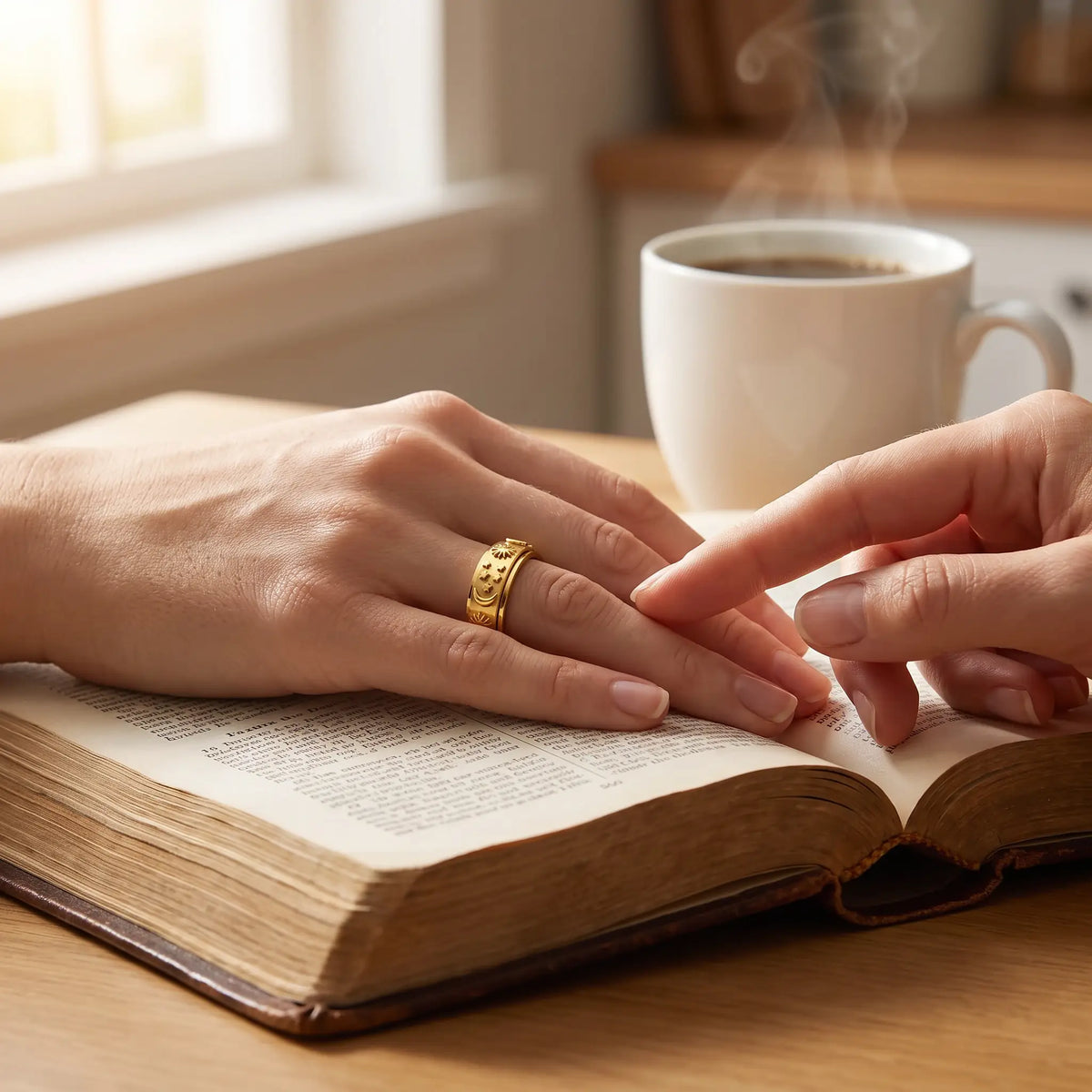 Day & Night Prayer Spinner Ring worn on a hand resting on an open Bible with morning coffee