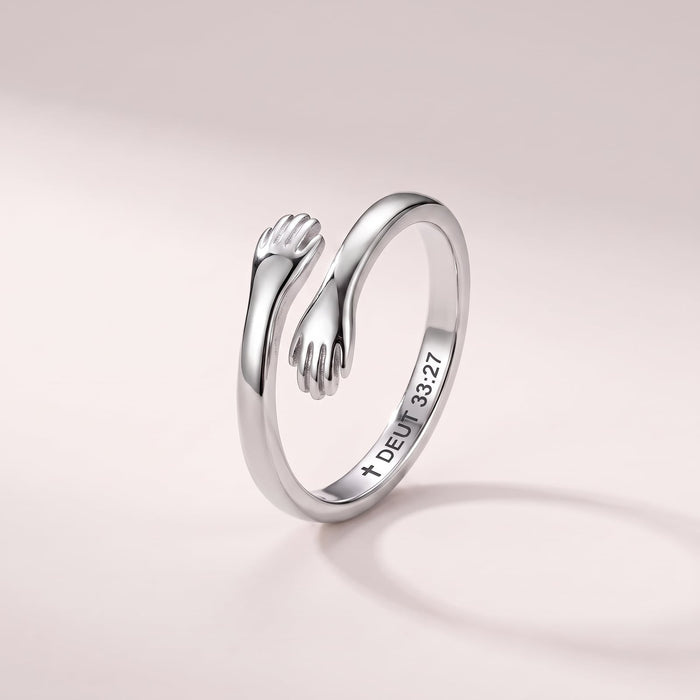 Everlasting Arms Hug Ring in silver, engraved ✝ DEUT 33:27 inside