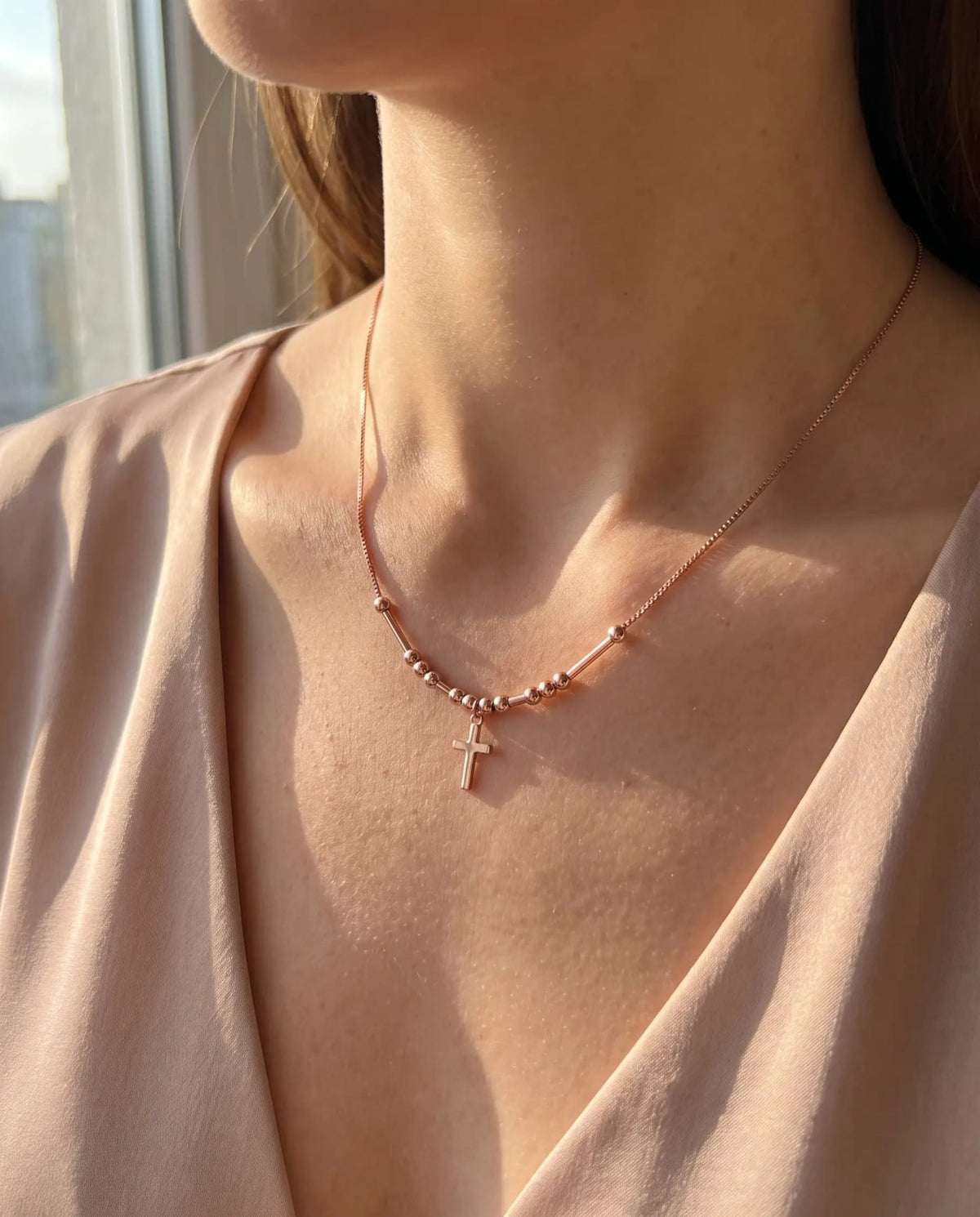 Hidden Prayer Morse Code Necklace in rose gold, worn