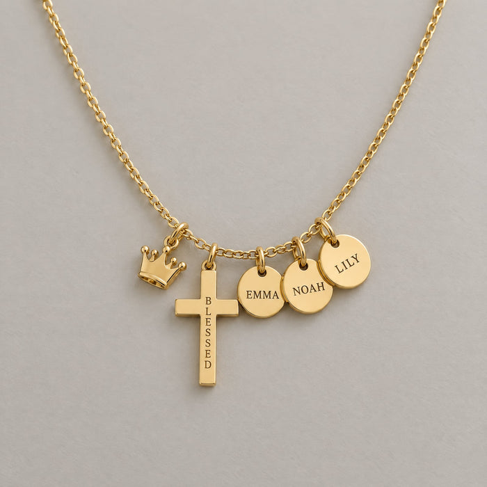 Blessed Nana Cross Name Necklace in gold with three names